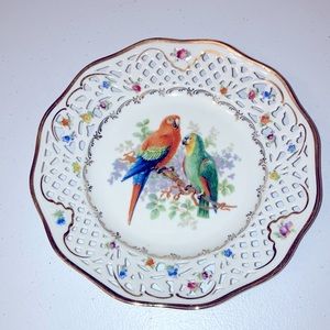 Vintage Schumann Parrot Tropical Bird Reticulated Porcelain Plate Crown Mark